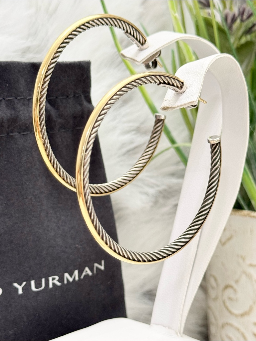 David Yurman 18K Gold 925 Sterling Silver XL Cable Hoop Earrings 2.25”